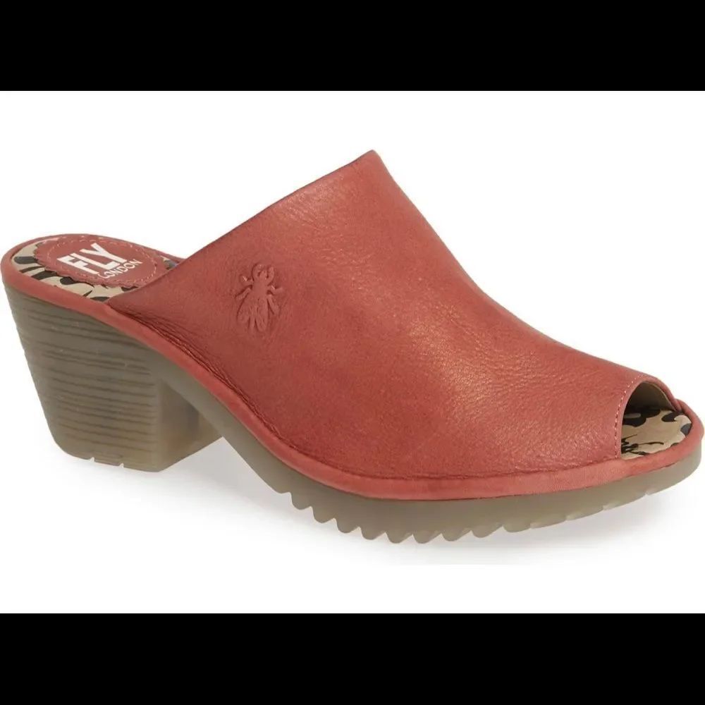 NEW Fly London Wony leather peep toe rust chunky heel slip on mules 6.5 EUR 37